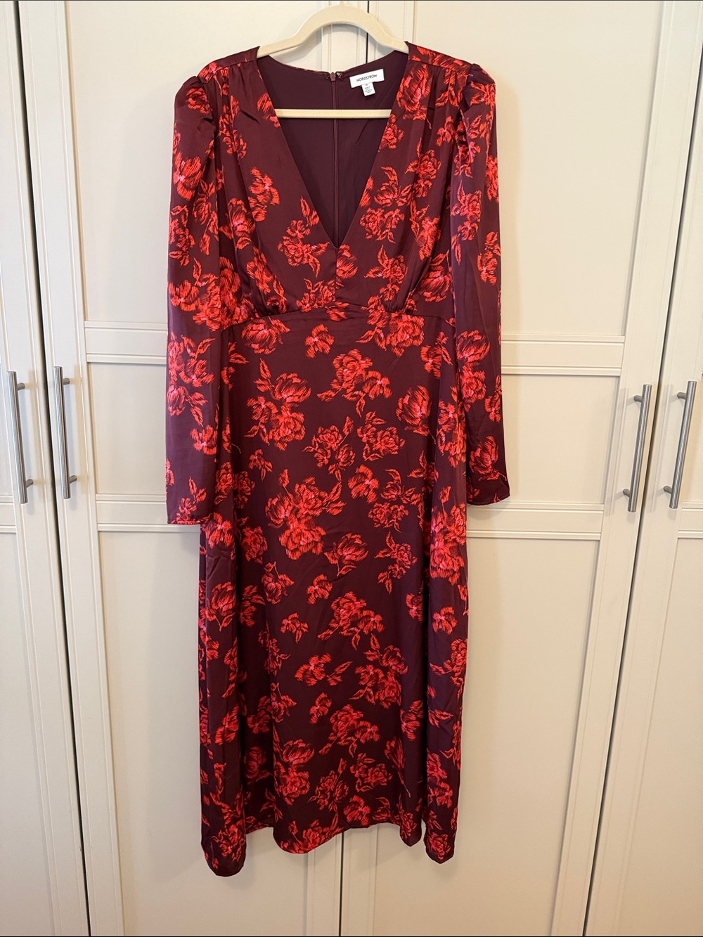 Nordstrom Burgundy Floral Midi Dress XL Long Sleeve V-Neck